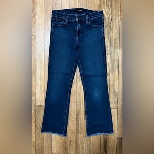 J Brand Selena Jeans Size 26 Abstract Dark Wash Mid Rise Bootcut Raw Hem